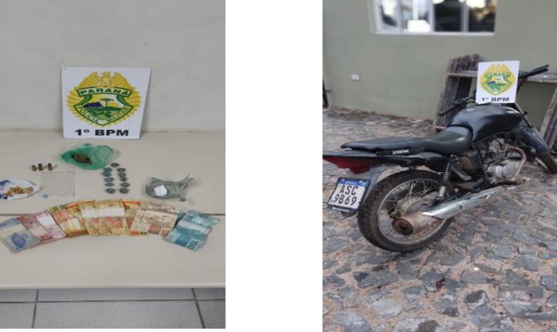 Motocicleta furtada chama atenção e PM localiza drogas suspeitos