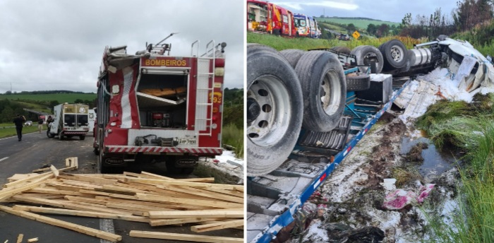 Veículos que socorriam acidente com cinco vítimas fatais são atingidos por caminhão carregado com madeira
