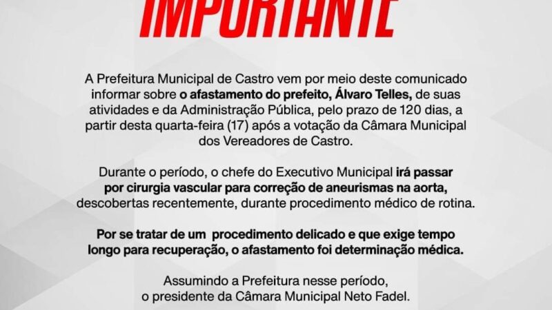 URGENTE: Prefeito Álvaro Telles se afastará da prefeitura para passar por cirurgia vascular